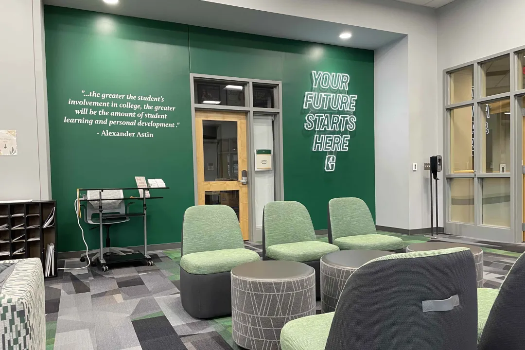 The Center for Student Involvement interior with the Your Future Starts Here neon sign